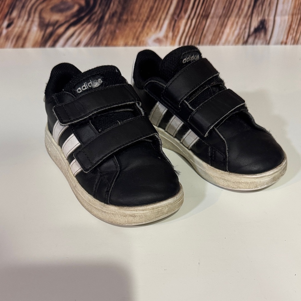 Adidas Kids Black Sneakers with White Stripes